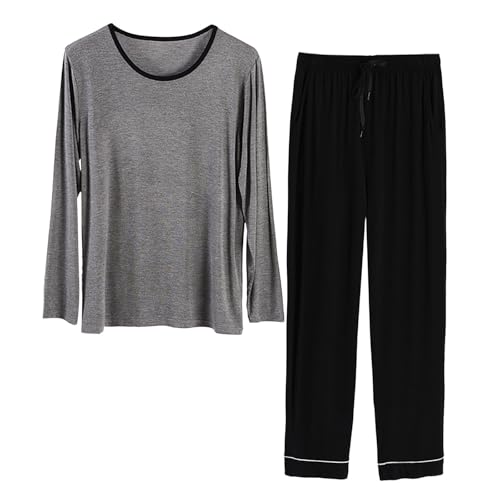 Tobysper Herren Pyjama Lang Zweiteiliger mit Schlafhose und Nachthemd Langarm Hausanzug Modal Baumwolle Freizeitanzug mit Rundhals Design Langarm Shirt Frühling Herbst Pyjama Set von Tobysper