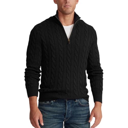 Tobysper Pullover Herren Winter Half Zip Strickpullover Basic Rollkragenpullover Oversize Winterpullover Grobstrick Pullover mit Zopfstrick Turtleneck Pulli Roll Neck Arbeitspullover von Tobysper