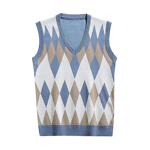 Tobysper Strickweste Herren Pullunder V-Ausschnitt Kariert Pullover Weste Klassische Argyle-Pulloverweste Baumwolle Regular Fit West ärmelloser Pullover für Männer Arbeits Pullunder von Tobysper