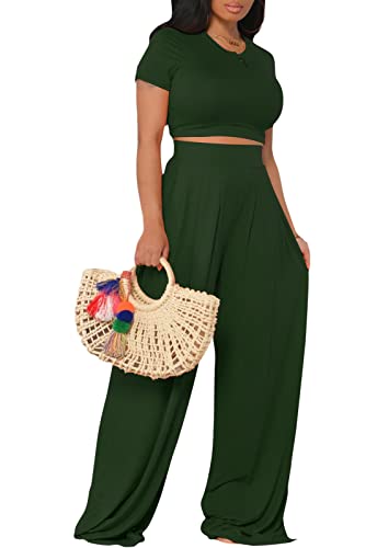 Damen Casual Sommer 2 Stück Outfits Kurzarm Crop Top Wide Leg Hosen Set Jumpsuits, Dunkelgrün., XX-Large von TodTan