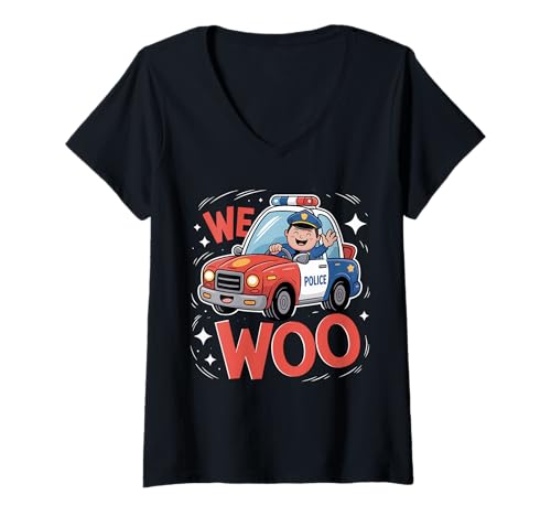 Damen We Woo Polizeiauto Kinder T-Shirt mit V-Ausschnitt Damen We Woo Polizeiauto Kinder T-Shirt mit V-Ausschnitt von Toddler Police Car Siren Kids Patrol Cartoon Fun