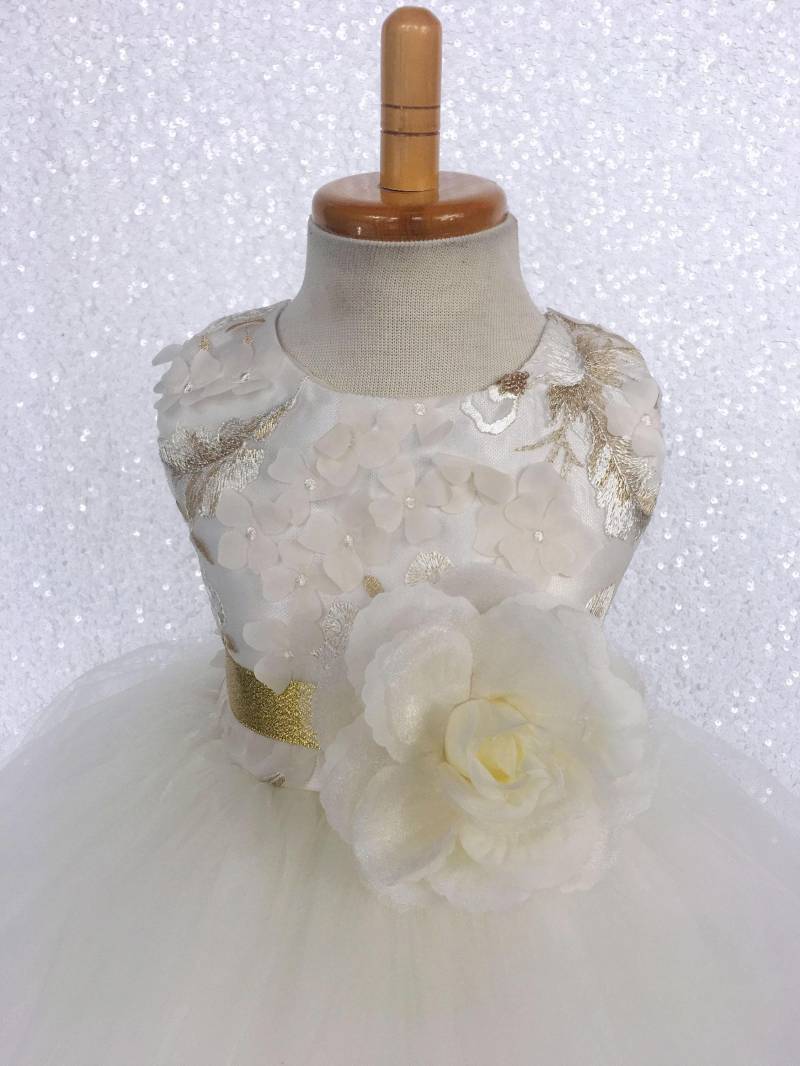 Elfenbein Gold Stickerei Babykleid Ärmelloses Blumenmädchenkleid Aus Tüll von ToddlersAndTulle