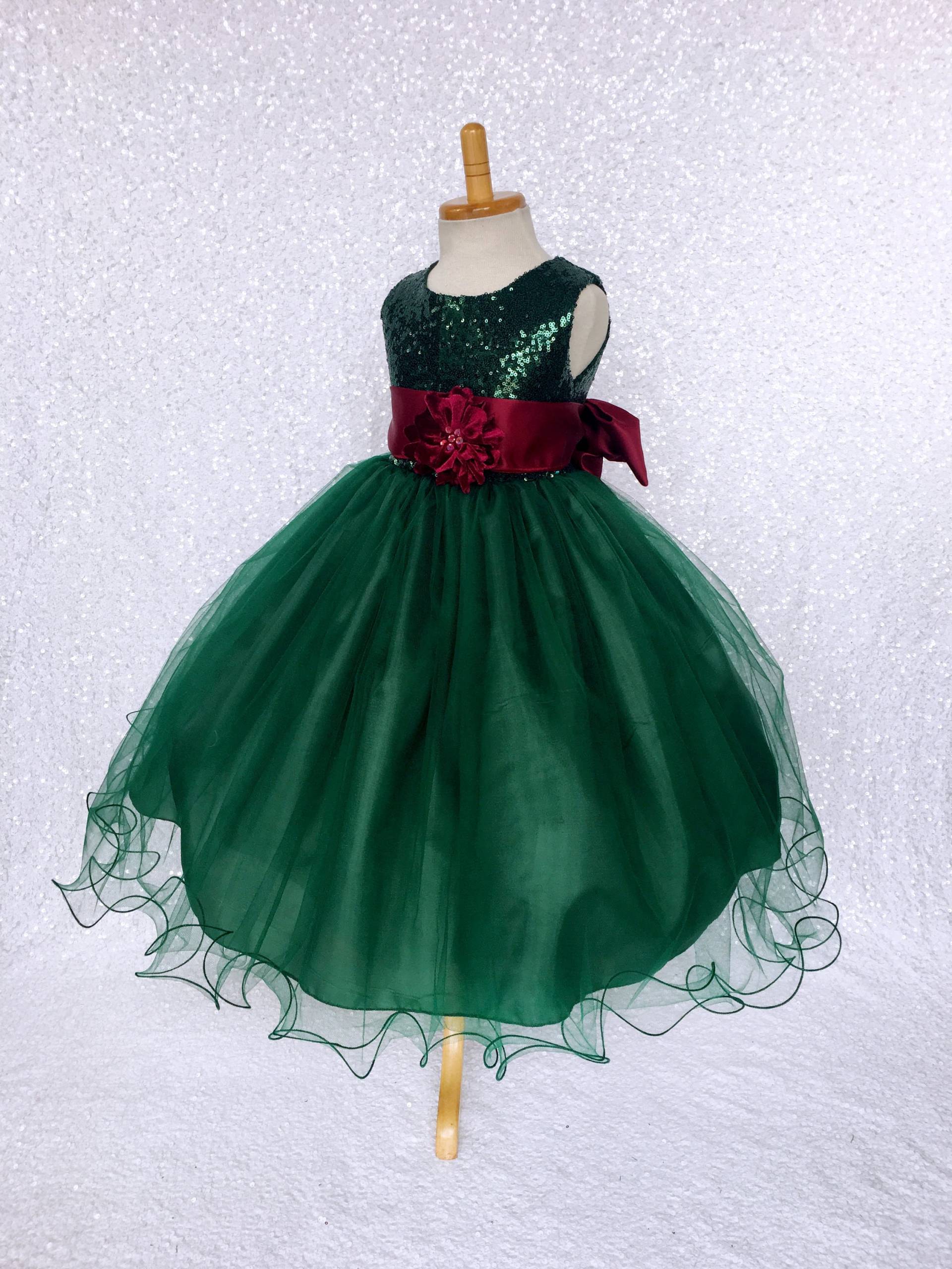 Jägergrünes Pailletten-Tüll-Kleid Big Bow Blumenmädchen-Outfit von ToddlersAndTulle