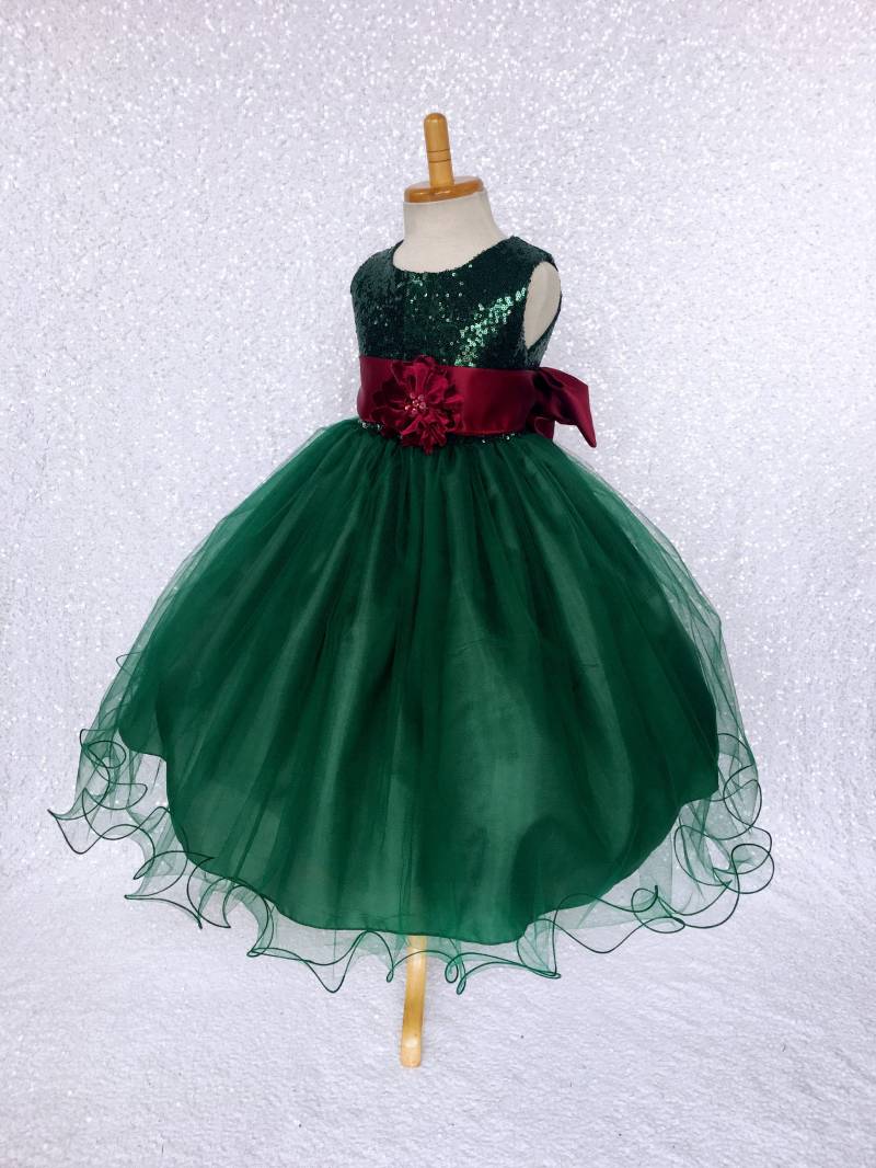 Jägergrünes Pailletten-Tüll-Kleid Big Bow Blumenmädchen-Outfit von ToddlersAndTulle