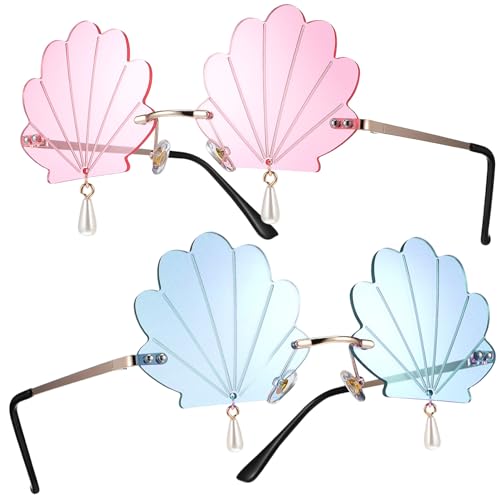 Toddmomy 2 Stück Flippige Muschel-Sonnenbrillen: Modische Randlose Wellen-Sonnenbrillen In Muschelform Mit Perlenanhänger Als Unisex-Partygeschenk von Toddmomy