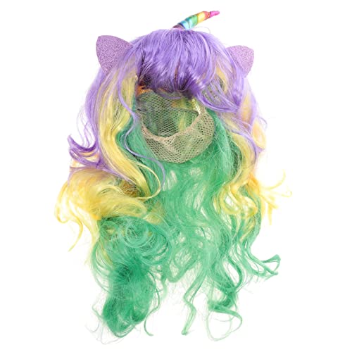 Toddmomy Einhorn Perücke Ohr-cosplay Locken Kostüm Perücken Regenbogenperücke Mit Pony Regenbogen Gewellte Perücke Haarperücke Perücke Mit Horn Chemische Faser Stirnband Fräulein Bunt von Toddmomy