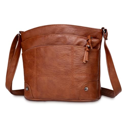 Weiche Leder Messenger Multi Pocket GroßE KapazitäT,Einfarbige Einfache Echte Leder-UmhäNgetasche,UmhäNgetasche,Damen Tasche aus Weichem Leder GroßE Handtasche Damen füR BüRo Schule Reisen Braun von Toerjii