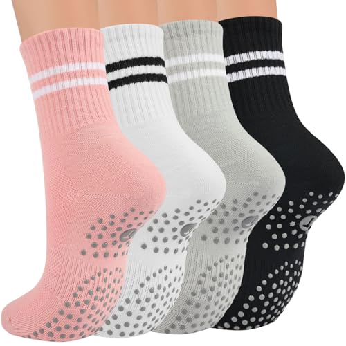 Toes Home Rutschfeste Socken für Damen, für Pilates, Yoga, Crew-Socken für Barre, Krankenhaus, Workout, klebrige Slipper-Socken, 4 Paar, Mehrfarbig, 37.5-43 EU von Toes Home