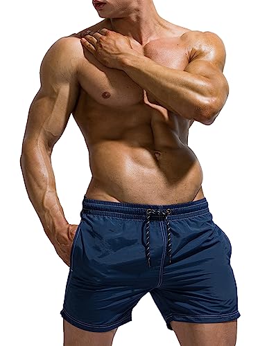 Tofern Badeshorts Herren Badehose einfarbig mit Hosentasche Gummiband atmungsaktiv für Strand, Dunkelblau S (Tailleumfang 76-81cm) (Tag L) von Tofern