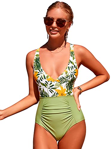 Tofern Monokini Mädchen Sexy Bikini Badeanzug mit Tiefem V-Ausschnitt Vintage Einteilige Bademode Swimsuit für Strand Partys von Tofern