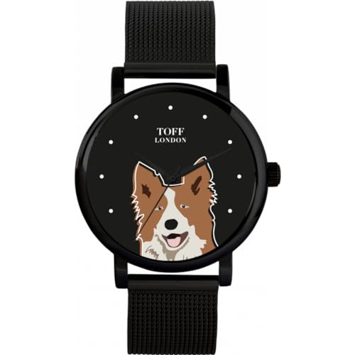 Toff London Braune weiße Border-Collie-Kopf-Hundeuhr von Toff London