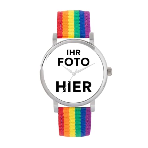 Toff London Personalisierte Fotogeschenke für Frauen, analoge Anzeige, japanische Uhr mit Quarzwerk und Regenbogen-Textilarmband, individuell gravierte Uhr von Toff London