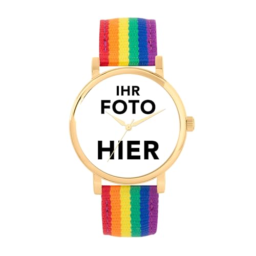 Toff London Personalisierte Fotogeschenke für Frauen, analoge Anzeige, japanische Uhr mit Quarzwerk und Regenbogen-Textilarmband, individuell gravierte Uhr von Toff London