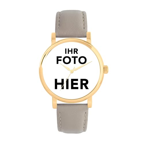 Toff London Personalisierte Fotogeschenke für Frauen, analoge Anzeige, japanische Uhr mit Quarzwerk und beigem Lederarmband, maßgefertigte gravierte Uhr von Toff London