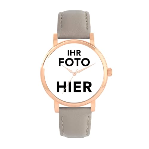 Toff London Personalisierte Fotogeschenke für Frauen, analoge Anzeige, japanische Uhr mit Quarzwerk und beigem Lederarmband, maßgefertigte gravierte Uhr von Toff London