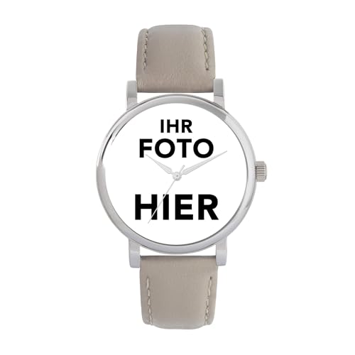 Toff London Personalisierte Fotogeschenke für Frauen, analoge Anzeige, japanische Uhr mit Quarzwerk und beigem Lederarmband, maßgefertigte gravierte Uhr von Toff London