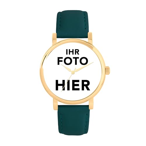 Toff London Personalisierte Fotogeschenke für Frauen, analoge Anzeige, japanische Uhr mit Quarzwerk und dunkelgrünem Lederarmband, individuell gravierte Uhr von Toff London