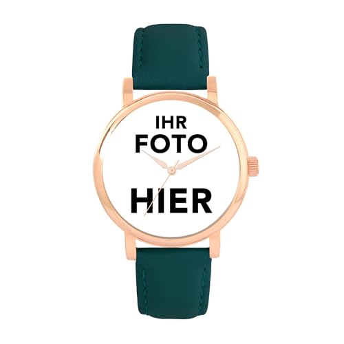 Toff London Personalisierte Fotogeschenke für Frauen, analoge Anzeige, japanische Uhr mit Quarzwerk und dunkelgrünem Lederarmband, individuell gravierte Uhr von Toff London