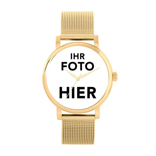 Toff London Personalisierte Fotogeschenke für Frauen, analoge Anzeige, japanische Uhr mit Quarzwerk und goldenem Mesh-Armband, maßgefertigte gravierte Uhr von Toff London