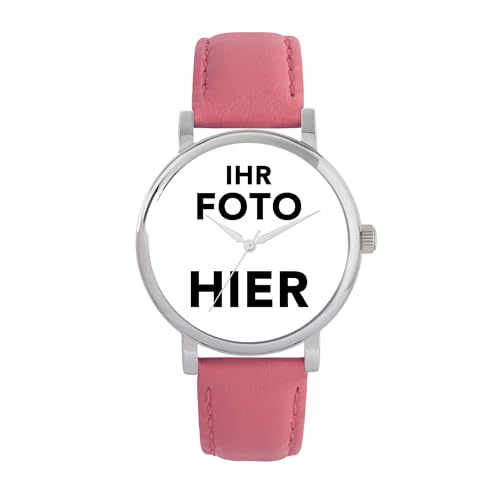 Toff London Personalisierte Fotogeschenke für Frauen, analoge Anzeige, japanische Uhr mit Quarzwerk und rosa Lederarmband, individuell gravierte Uhr von Toff London