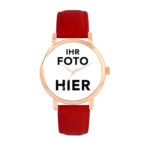 Toff London Personalisierte Fotogeschenke für Frauen, analoge Anzeige, japanische Uhr mit Quarzwerk und rotem Lederarmband, individuell gravierte Uhr von Toff London