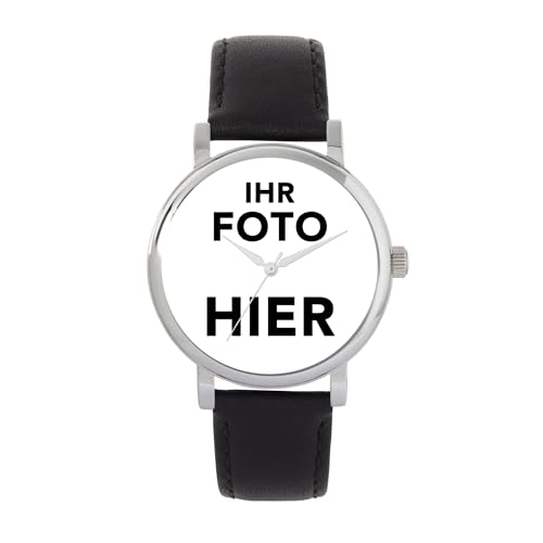 Toff London Personalisierte Fotogeschenke für Frauen, analoge Anzeige, japanische Uhr mit Quarzwerk und schwarzem Lederarmband, individuell gravierte Uhr von Toff London