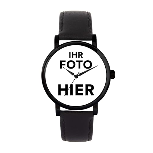 Toff London Personalisierte Fotogeschenke für Frauen, analoge Anzeige, japanische Uhr mit Quarzwerk und schwarzem Lederarmband, individuell gravierte Uhr von Toff London