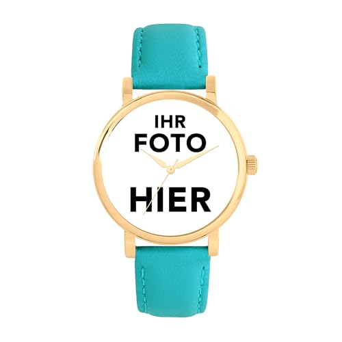 Toff London Personalisierte Fotogeschenke für Frauen, analoge Anzeige, japanische Uhr mit Quarzwerk und türkisfarbenem Lederarmband, individuell gravierte Uhr von Toff London