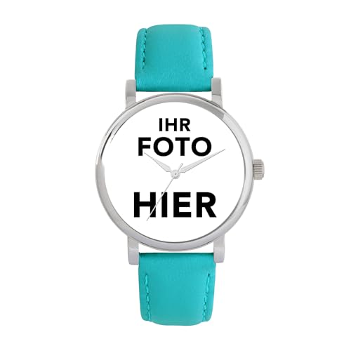 Toff London Personalisierte Fotogeschenke für Frauen, analoge Anzeige, japanische Uhr mit Quarzwerk und türkisfarbenem Lederarmband, individuell gravierte Uhr Toff London Personalisierte Fotogeschenke für Frauen, analoge Anzeige, japanische Uhr mit Quarzwerk und türkisfarbenem Lederarmband, individuell gravierte Uhr von Toff London
