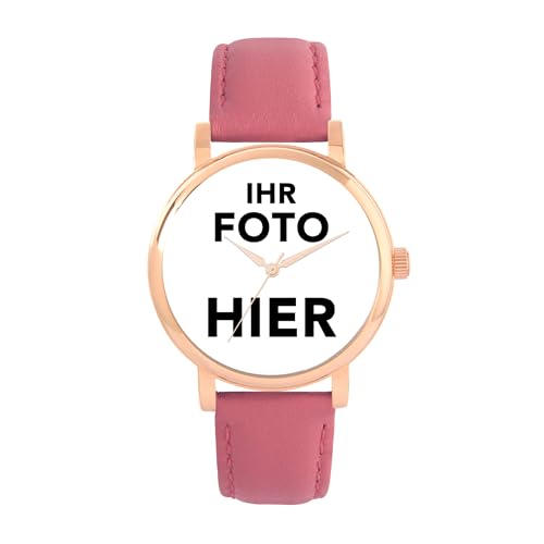 Toff London personalisierte Fotogeschenke für Frauen, analoge Anzeige, japanische Quarz-Uhr mit rosa Lederband, maßgeschneiderte Uhr mit Gravur von Toff London