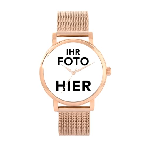 Toff London Personalisierte Fotogeschenke für Frauen, analoge Anzeige, japanische Uhr mit Quarzwerk und roségoldenem Mesh-Armband, maßgefertigte gravierte Uhr von Toff London