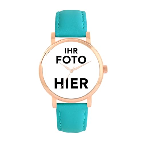 Toff London Personalisierte Fotogeschenke für Frauen, analoge Anzeige, japanische Uhr mit Quarzwerk und türkisfarbenem Lederarmband, individuell gravierte Uhr von Toff London