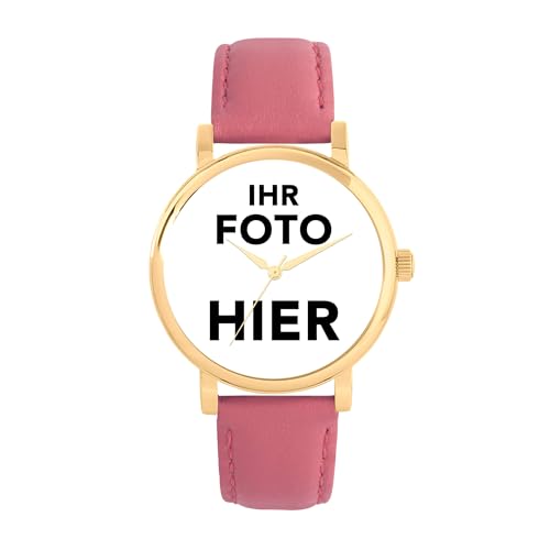 Toff London personalisierte Fotogeschenke für Frauen, analoge Anzeige, japanische Quarz-Uhr mit rosa Lederband, maßgeschneiderte Uhr mit Gravur von Toff London