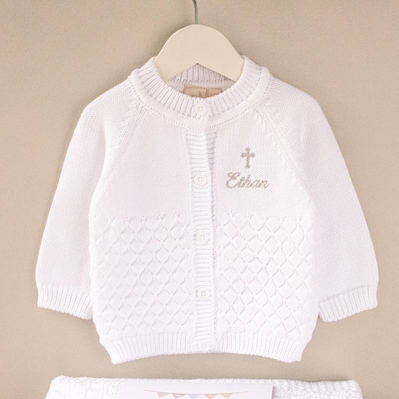 Personalisierte Baby Strickjacke Gesticktes Gothic Kreuz Geschenk Zur Taufe von Toffeemoonbaby