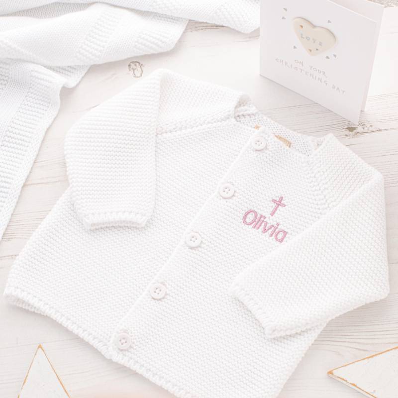 Personalisierte Baby Strickjacke Gesticktes Kreuz Taufgeschenk von Toffeemoonbaby
