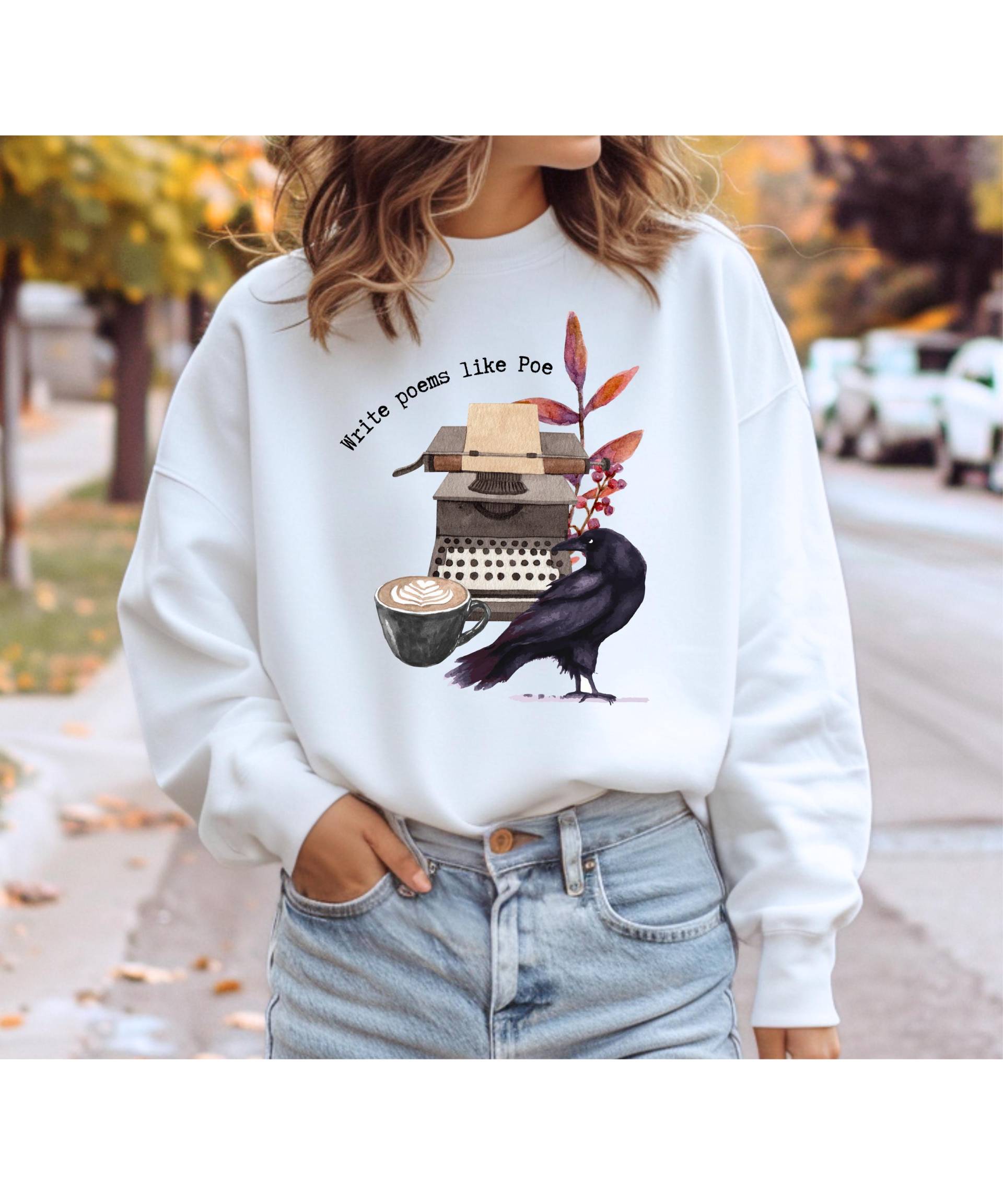 Dark Academia Raven Sweatshirt Write Poems Like Poe Crewneck Gothic Aesthetic Vintage Book Lover Gift von ToffeesWorld