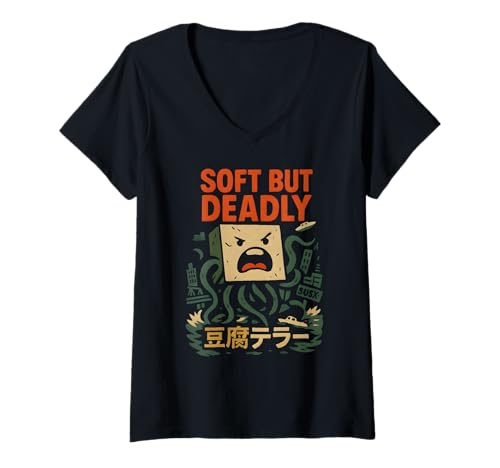 Damen Japanisches Tofu-Monster Kaiju T-Shirt mit V-Ausschnitt Damen Japanisches Tofu-Monster Kaiju T-Shirt mit V-Ausschnitt von KaijuKo