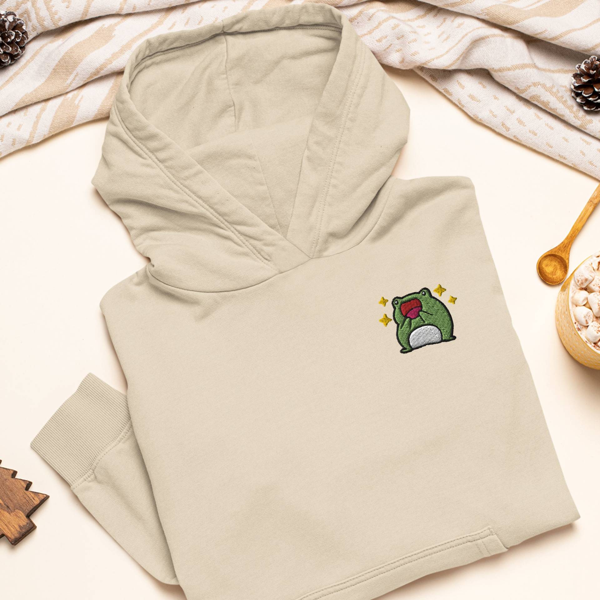 Aufgeregter Frosch Bestickter Schwerer Mischung Hoodie - Stilvolle Weiche Baumwolle Verschiedene Farben von TofuTigerStudio