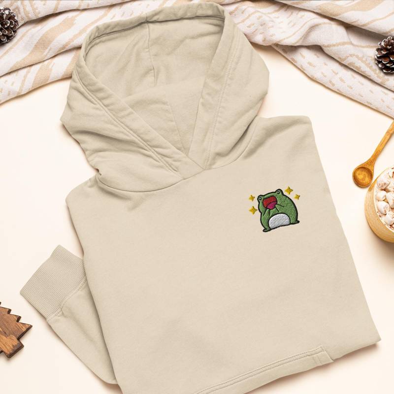 Aufgeregter Frosch Bestickter Hoodie Schwere Mischung Aus Baumwolle Und Polyester, Unisex-Passform von TofuTigerStudio