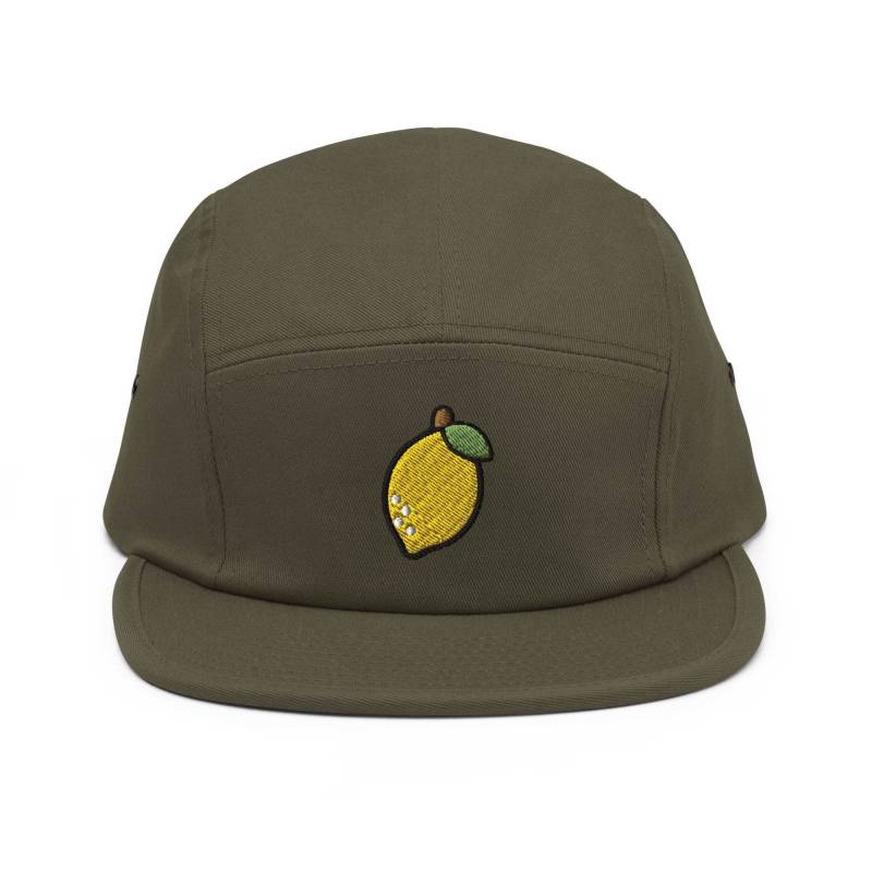 Gelbe Zitronen Bestickte 5-Panel-Baumwoll-Camper-Kappe Einstellbare Passform von TofuTigerStudio