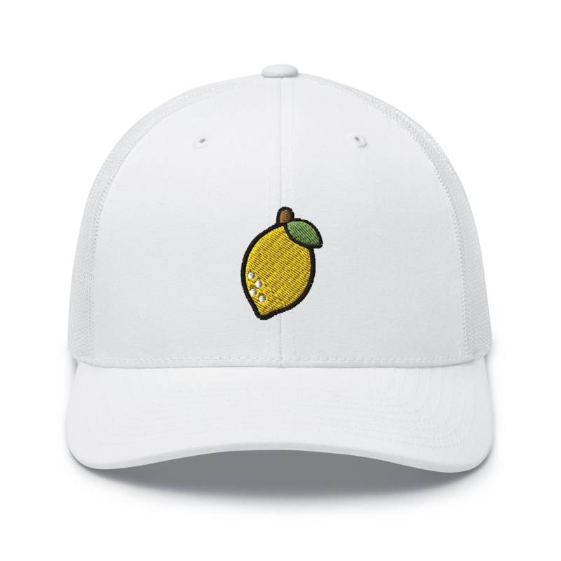 Gelbe Zitrone Bestickter Retro Trucker-Hut - Strukturiert Mit Netzrücken in Verschiedenen Farben von TofuTigerStudio