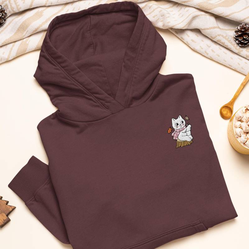 Gemütlicher Herbst Katze Bestickter Hoodie Schwere Mischung Aus Baumwolle Und Polyester, Unisex Fit von TofuTigerStudio