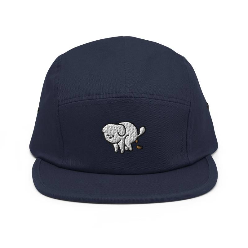Pooping Dog Leo Bestickte 5-Panel-Baumwoll-Camper-Kappe Verstellbare Passform von TofuTigerStudio