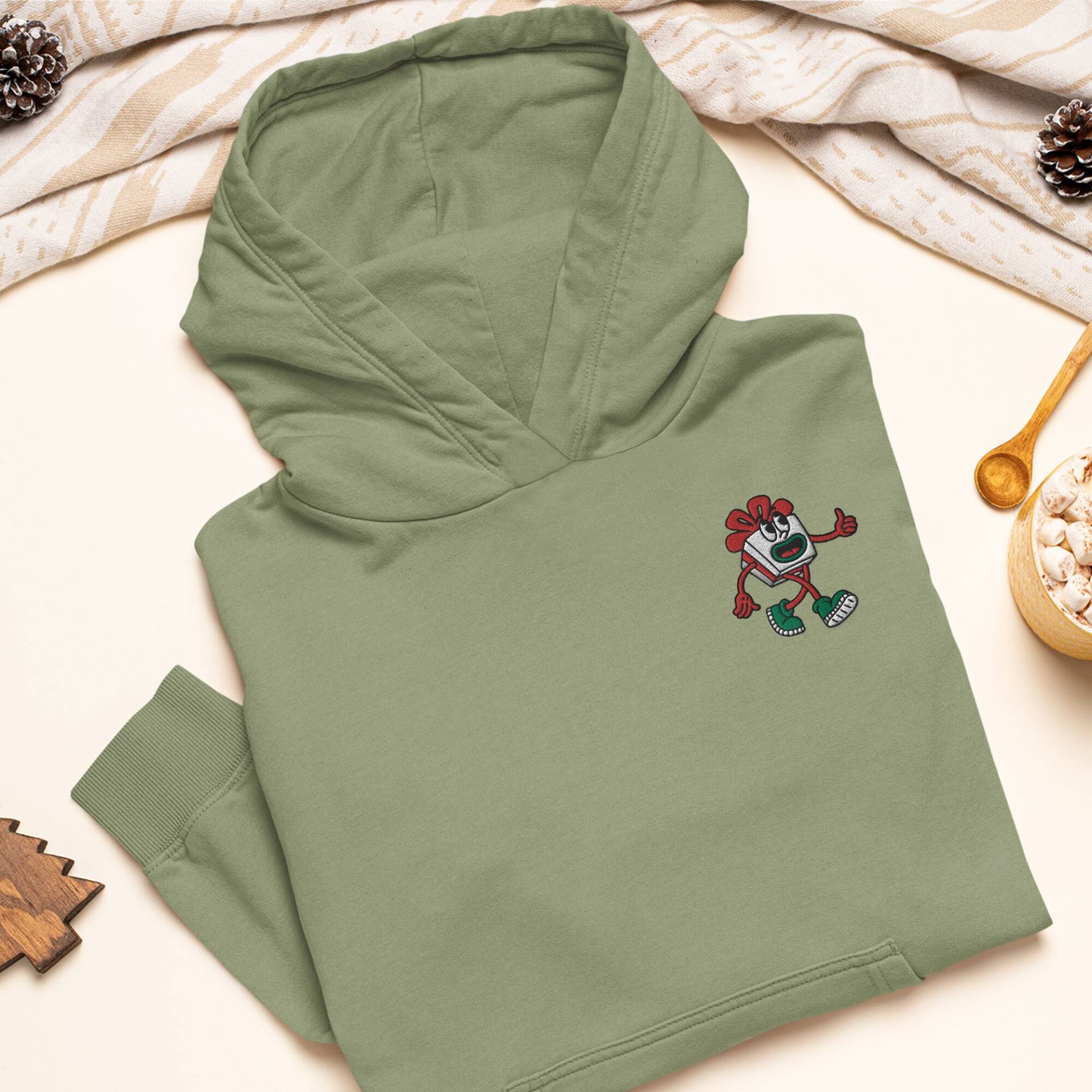 Retro Weihnachtsgeschenk Verpackt Box Gestickter Hoodie Schwere Mischung Baumwolle-Poly, Unisex Fit von TofuTigerStudio