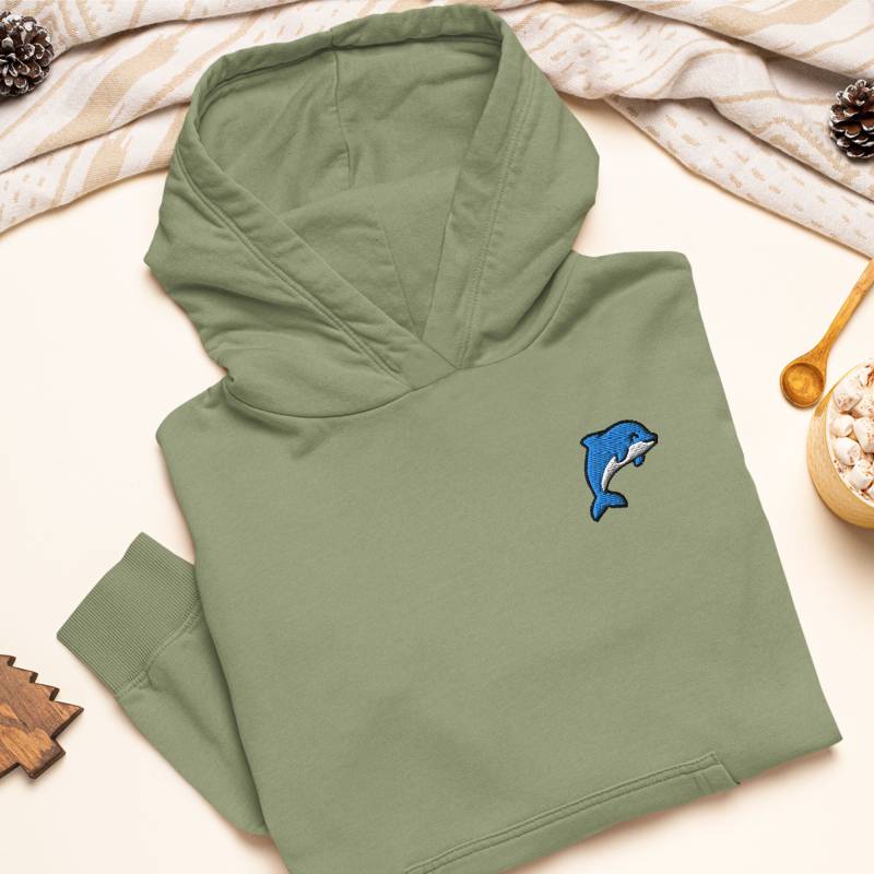 Süßer Delfin Bestickter Hoodie Schwere Mischung Aus Baumwolle Und Polyester, Unisex-Passform von TofuTigerStudio