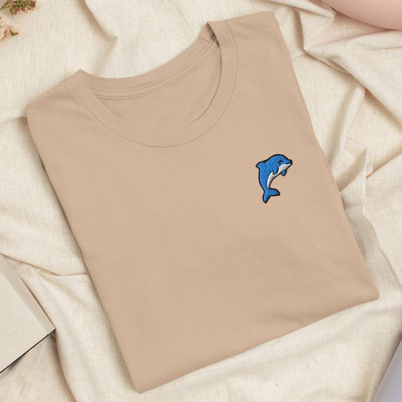 Süßer Delphin Besticktes T-Shirt Leichte Baumwolle, Unisex-Passform von TofuTigerStudio