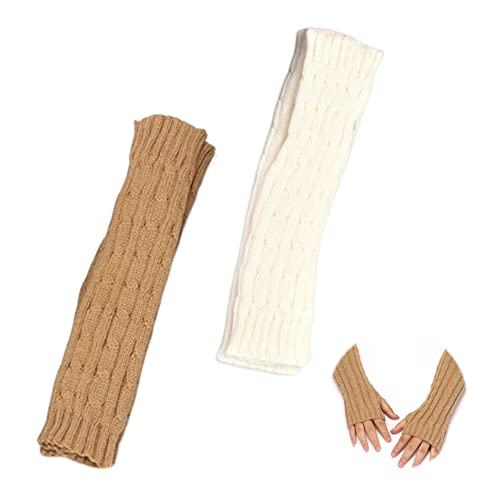 2 Paar Lange Handschuhe, Gestrickte Halb Fingerlose Fäustlinge Strickhandschuhe Fingerlose Fäustlinge Stulpen Thermal, Damen Fingerlose Handschuhe, Gestrickte Halbfingerhandschuhe(Khaki, Weiß) von TogtherKings