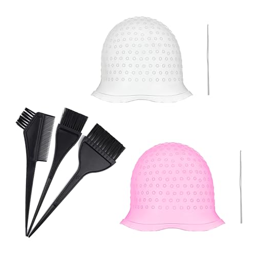 7Pcs Silikon-Hochglanzkappen-Set, Silikon Highlight Kappe, Silikon Strähnchenhaube, Mit Häkelnadel aus Metall, Mit wiederverwendbarer Haarfärbebürste, für Frauen Und Mädchen (Rosa/Weiß) von TogtherKings