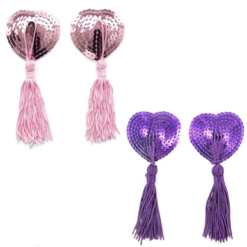 Tokaneit 2 Paar Quasten Nipple Covers, Nippel Cover Aufkleber mit Quaste, Nippel Cover Aufkleber, Dünne Selbstklebende Brustwarzenabdeckungen, Frauen Rave Party Brustabdeckungen Brustpasties Herzform von Tokaneit
