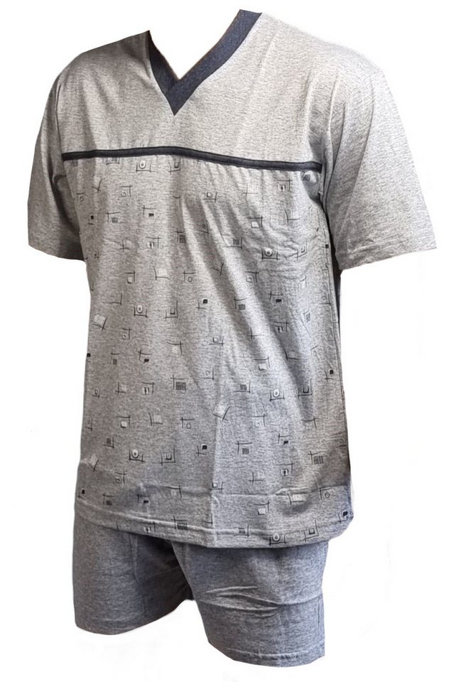 Toker Collection® Pyjama Herren Shorty 2 Teilig mit V - Ausschnitt und kleiner Knopfleiste (1 Stück Packung, 1 Stück) Musterdruck, quer gesteppte Kante von Toker Collection®